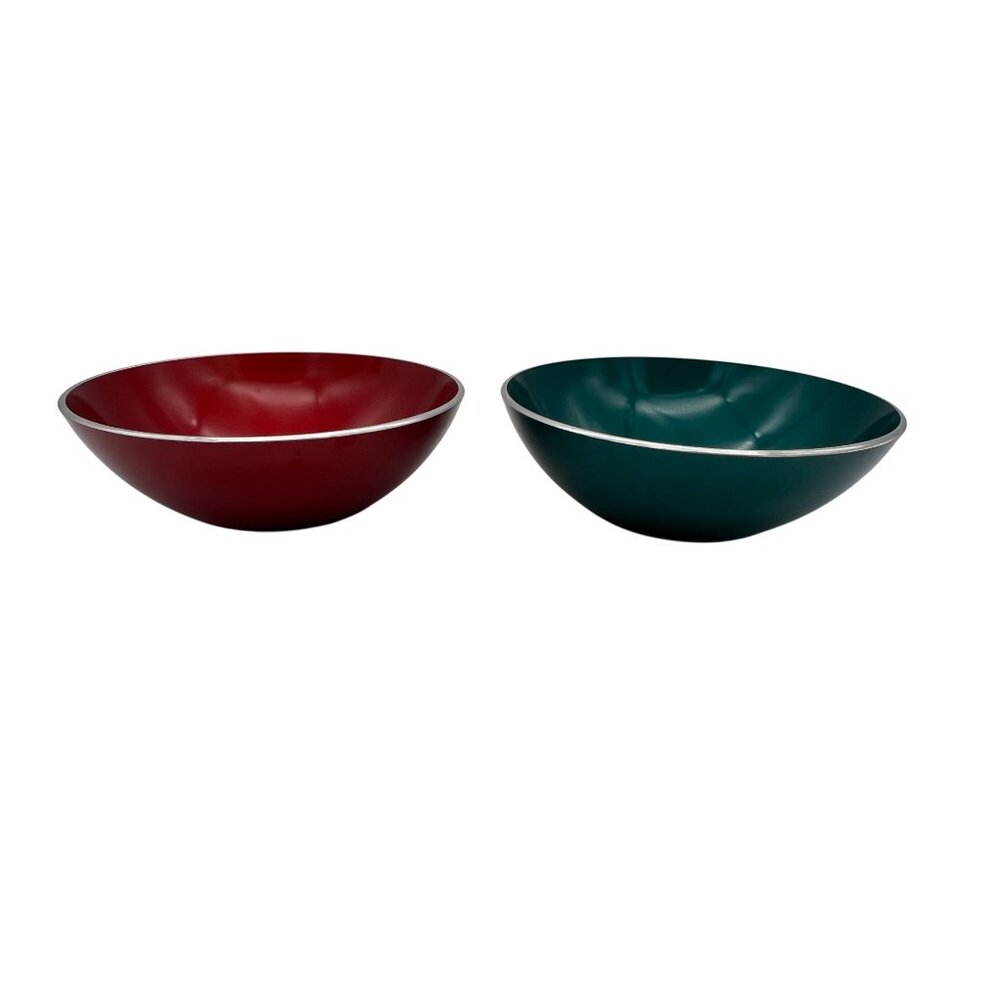 Pair Of Vintage Emalox Norway MCM Enamelware Metal Bowls 4" In Red & Green - Picture 2 of 6